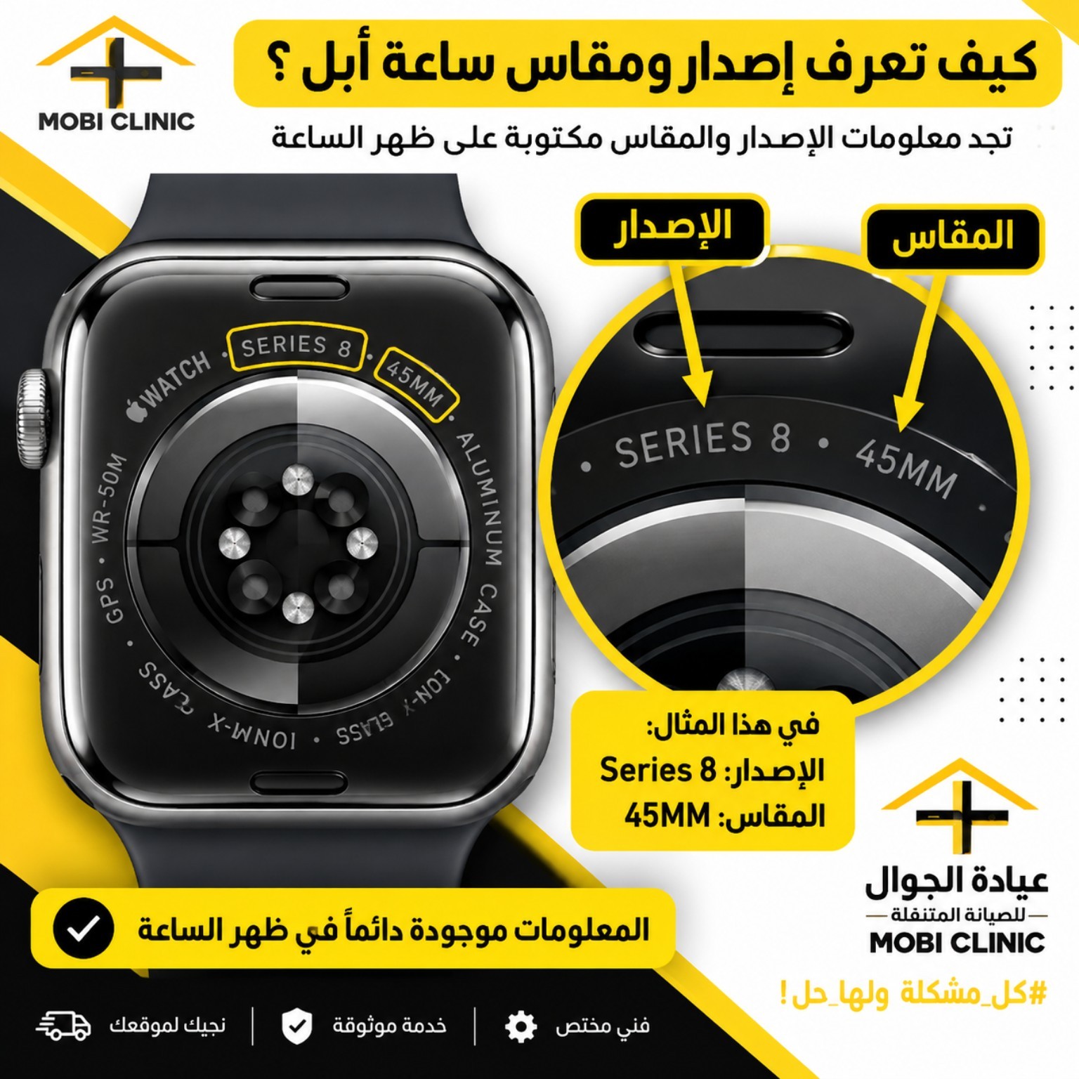 صورة عيادة الجوال توضح موضع إصدار Series 8 ومقاس 45MM خلف ساعة أبل، كمثال توضيحي